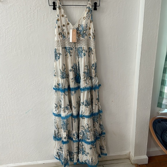 ANANTA S/M Blue Gold Metallic Lace Trim Boho Maxi Dress Made in India 25120 - Picture 9 of 11